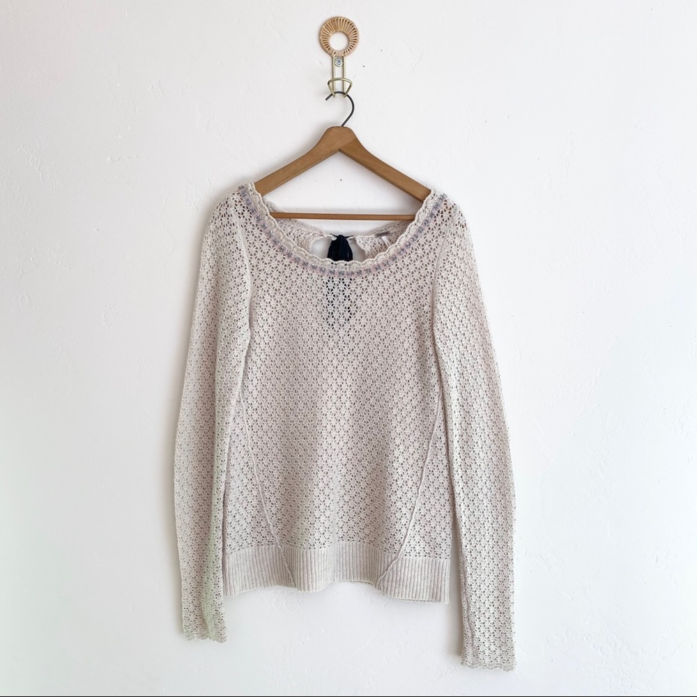Free People Pointelle Embellished Tie Neck Sweater